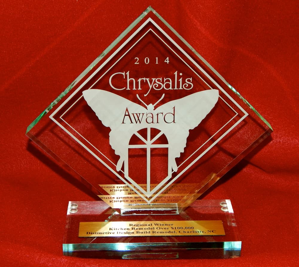 Regional Chrysalis award trophy for a kitchen remodel in Charlotte, NC by Distinctive Design + Build + Remodel.