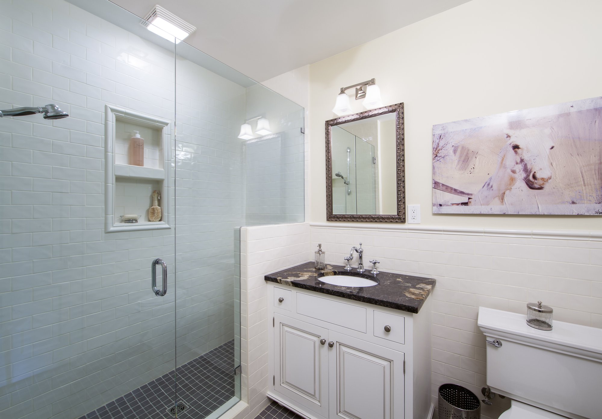Hall bath remodel in Myers Park by Distinctive Design + Build + Remodel with expansive shower, white cabinetry and tile wainscoting.