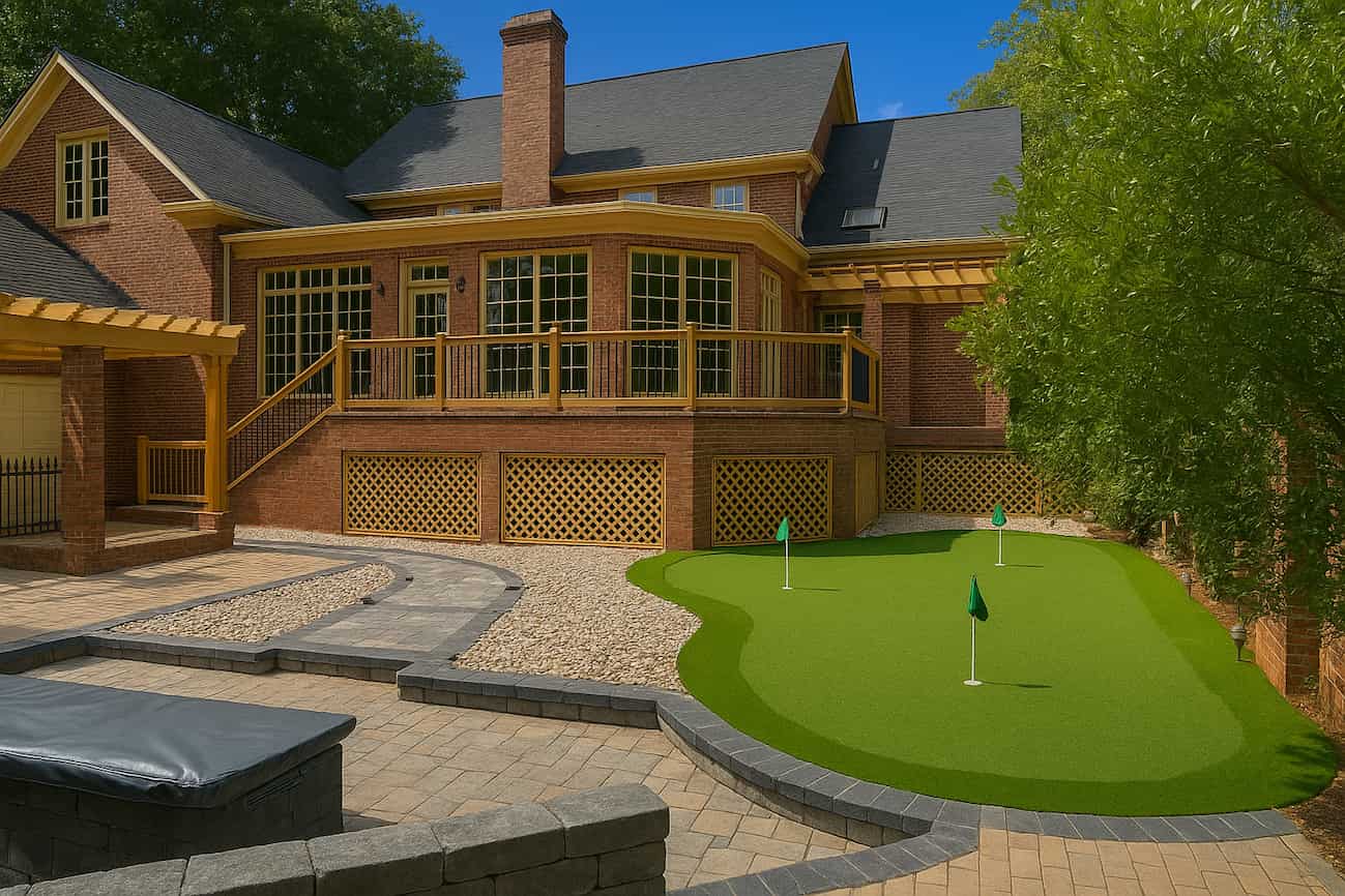 Large sunroom addition with putting green and outdoor fireplace in Cramer Mountain Country Club by Distinctive Design + Build + Remodel.