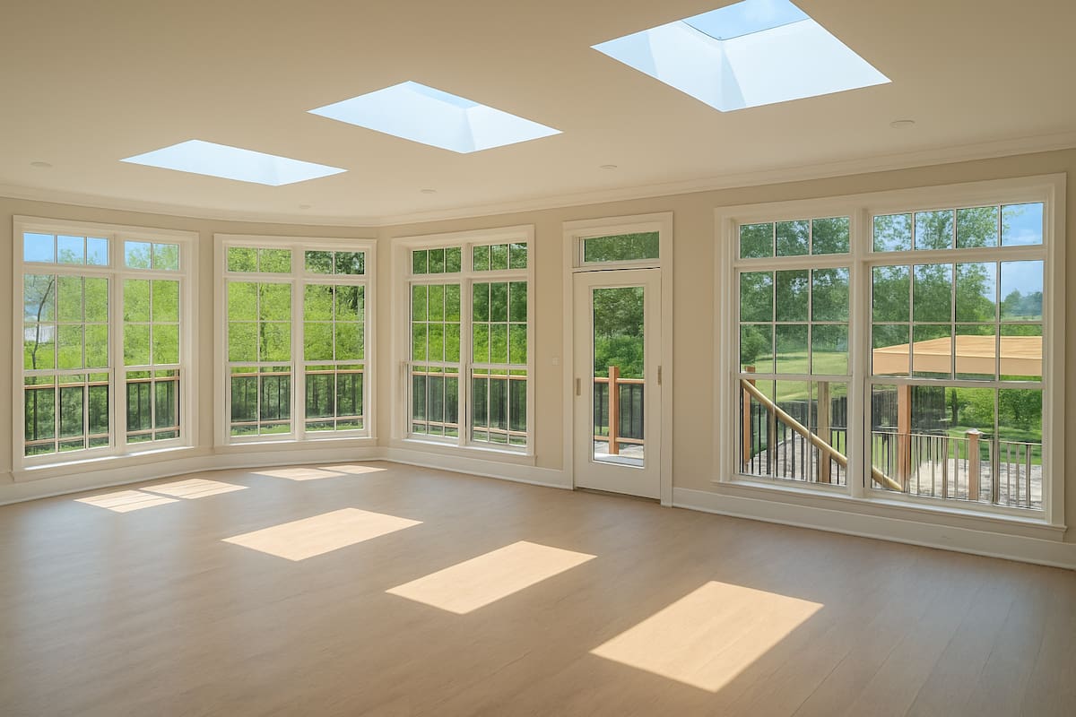Large sunroom addition with skylights and wood-look tile flooring in Cramer Mountain Country Club by Distinctive Design + Build + Remodel.